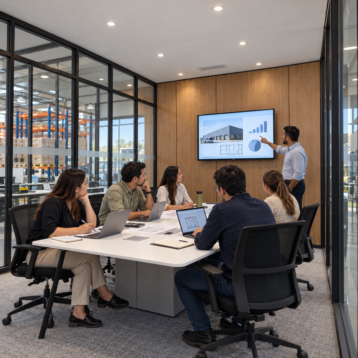 Visualización fotorealista de un equipo reunido en una oficina conectada al área logística