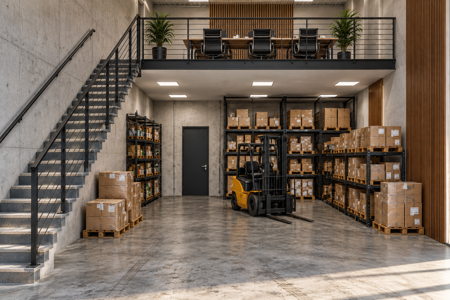 Visualización fotorealista de almacenamiento con oficina en planta alta